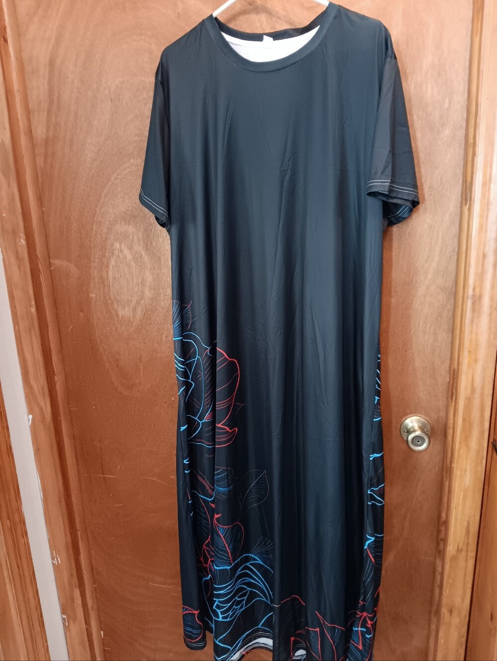 Black Maxi Dress with Blue & Red Floral Line Art